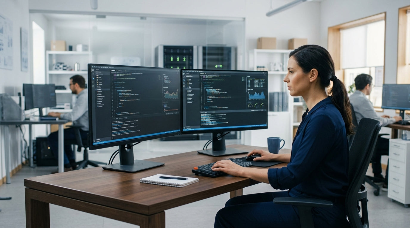 A researcher in a professional lab using an ergonomic multi-monitor workstation with two aligned displays of different sizes on a deep desk.