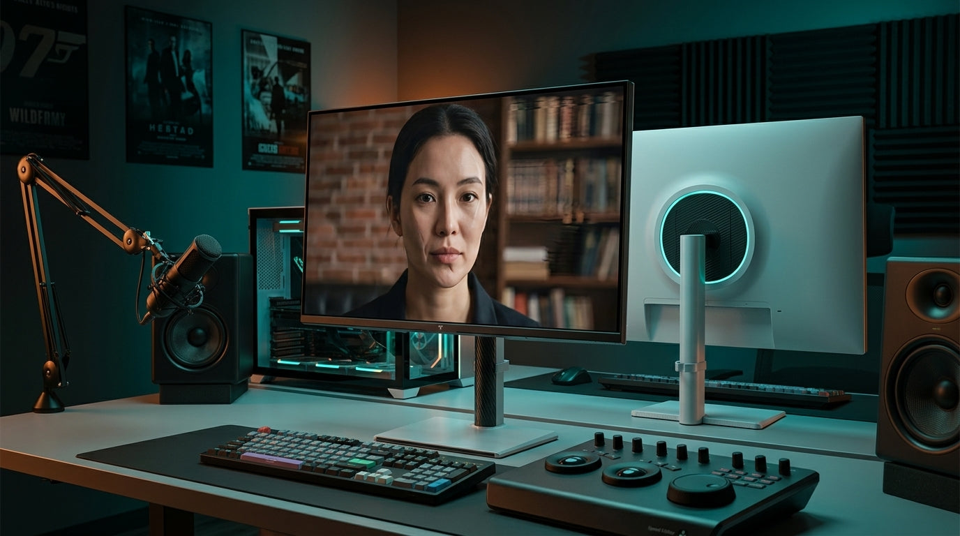 A professional creator workstation featuring a high-resolution 4K monitor displaying an AI-generated video frame with visible warping and texture flickering artifacts under dramatic studio lighting.