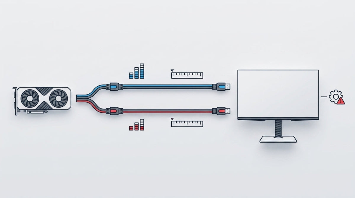 A technical infographic illustrating the signal chain from a graphics card through high-bandwidth cables to a high-refresh gaming monitor, including bandwidth and length markers.