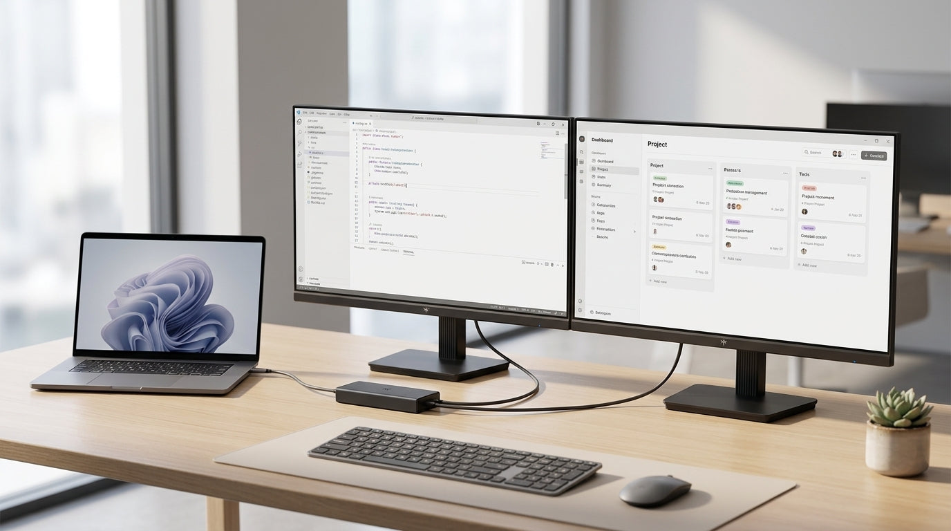 Professional dual QHD Windows laptop desk setup with single USB-C docking