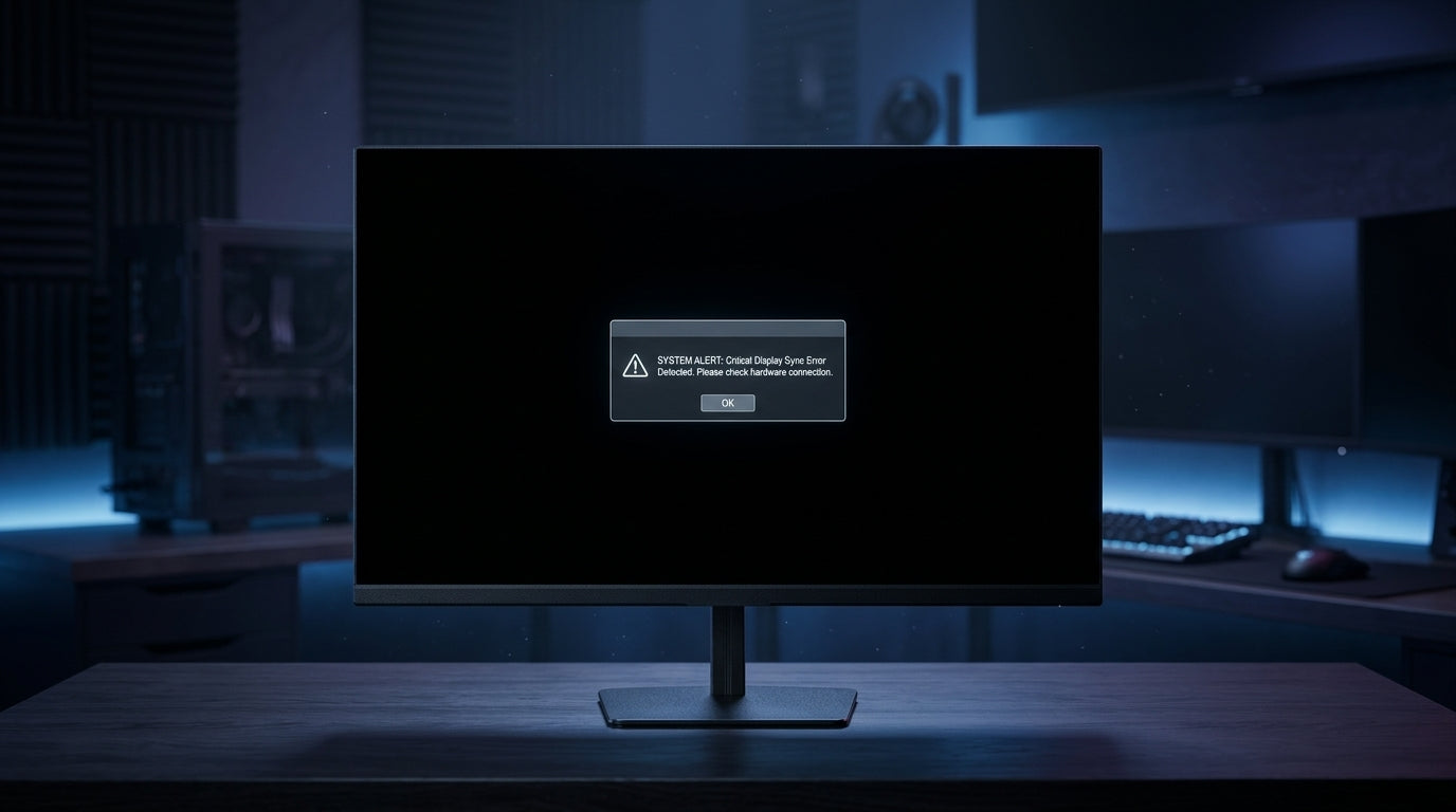 A gaming monitor in a dark room displaying a system error alert on a black screen.