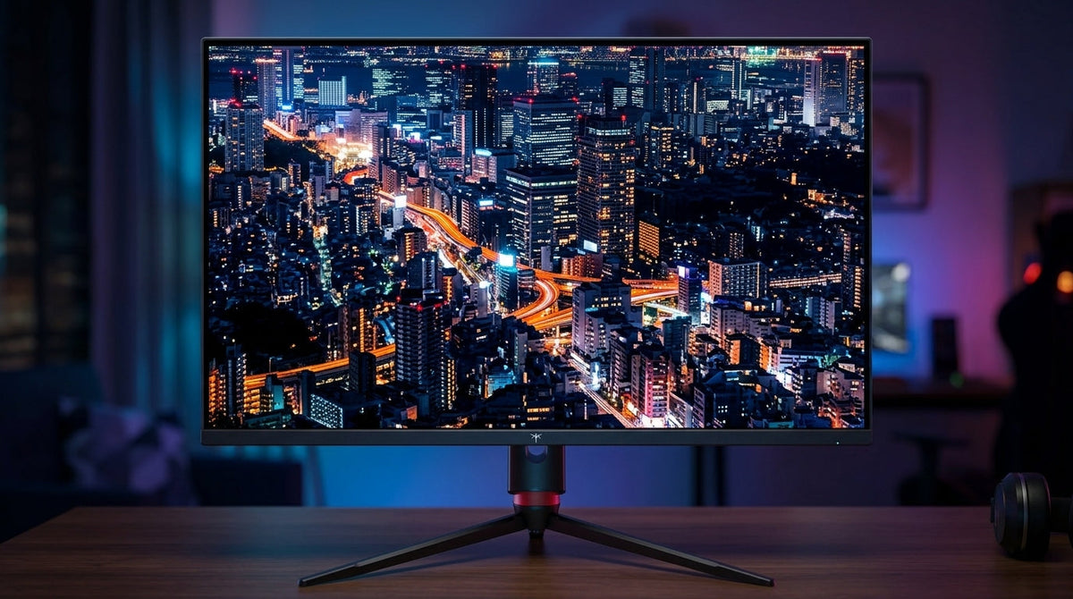 A high-end gaming monitor displaying a sprawling, lit-up city skyline at night from a city-building simulation game, showcasing smooth and fluid visual performance.