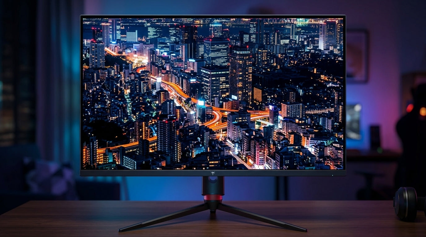 A high-end gaming monitor displaying a sprawling, lit-up city skyline at night from a city-building simulation game, showcasing smooth and fluid visual performance.