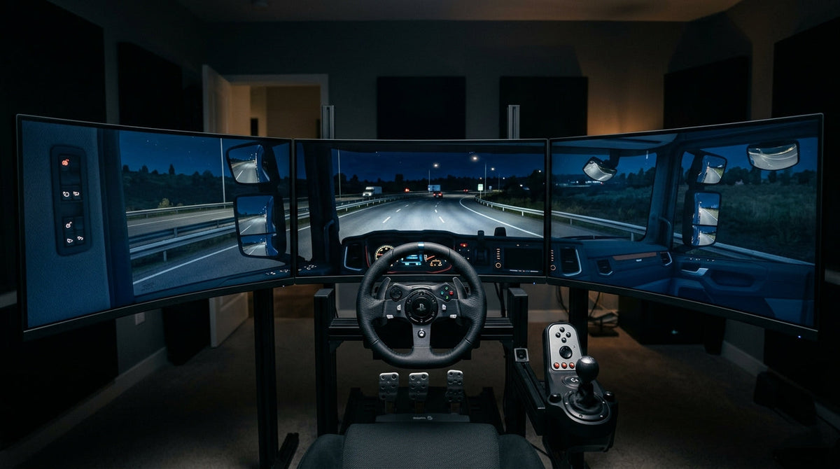 A panoramic view of a professional sim-rig with three curved monitors showing a night driving scene in a truck simulator.