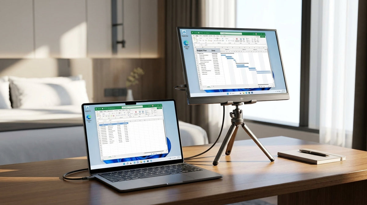 Compact travel desk setup with a portable monitor mounted above a laptop.