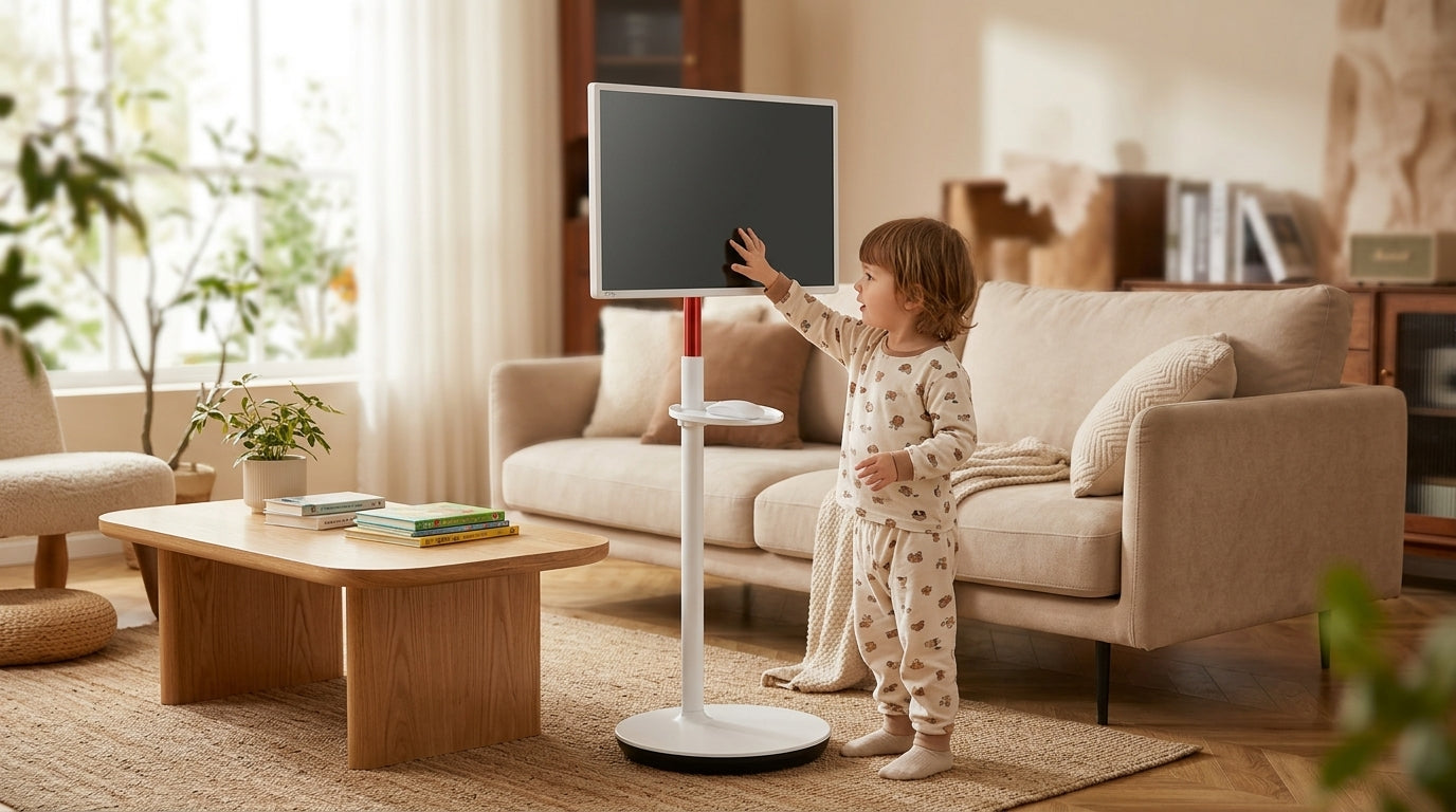 A young child interacting with a large smart touch monitor in a modern, well-lit living room, showing a safe and family-friendly setup.