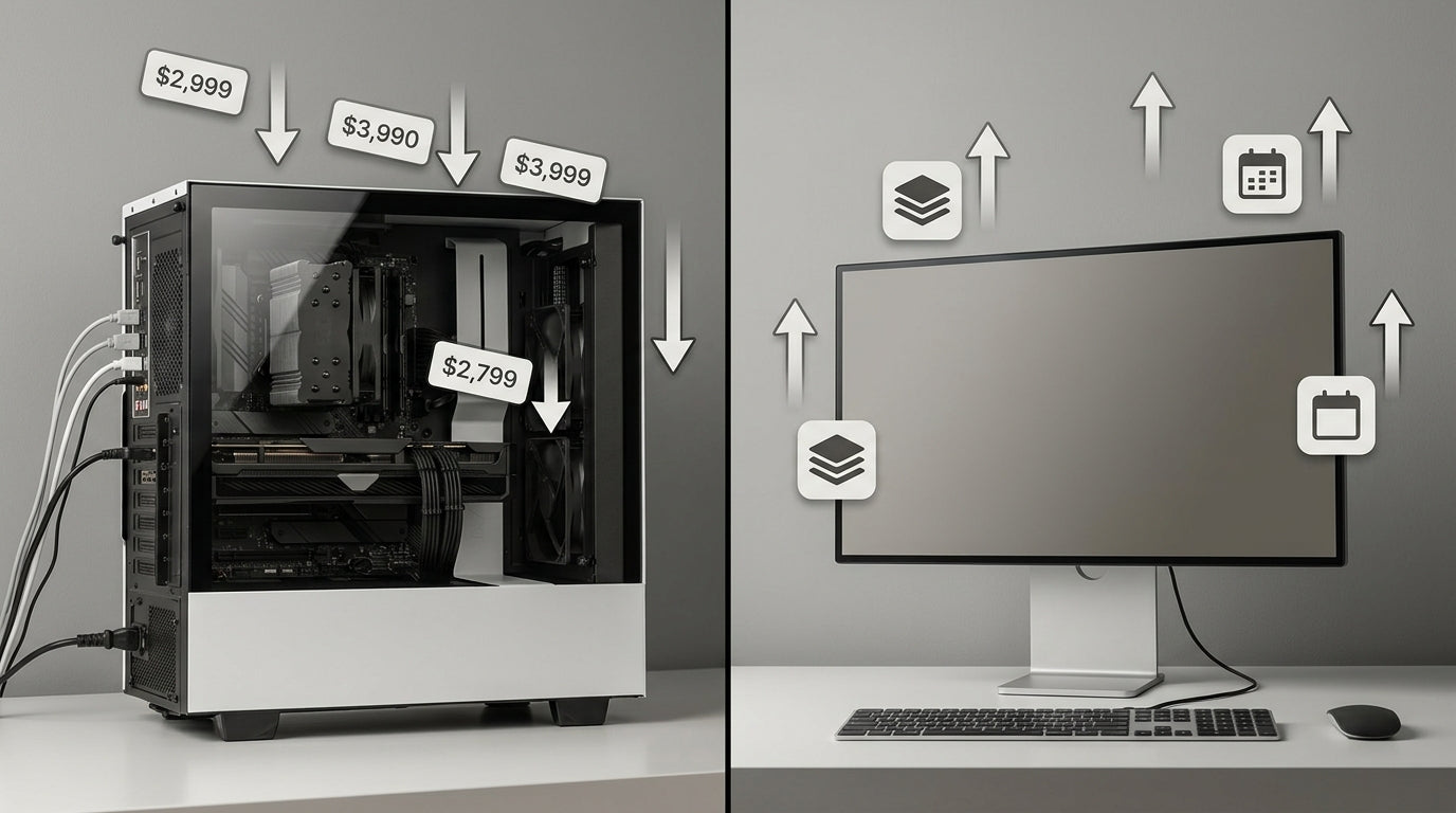 A split-view comparison between a high-end gaming PC with a dedicated GPU and a cloud gaming setup on a sleek monitor, illustrating the economic differences over three years.