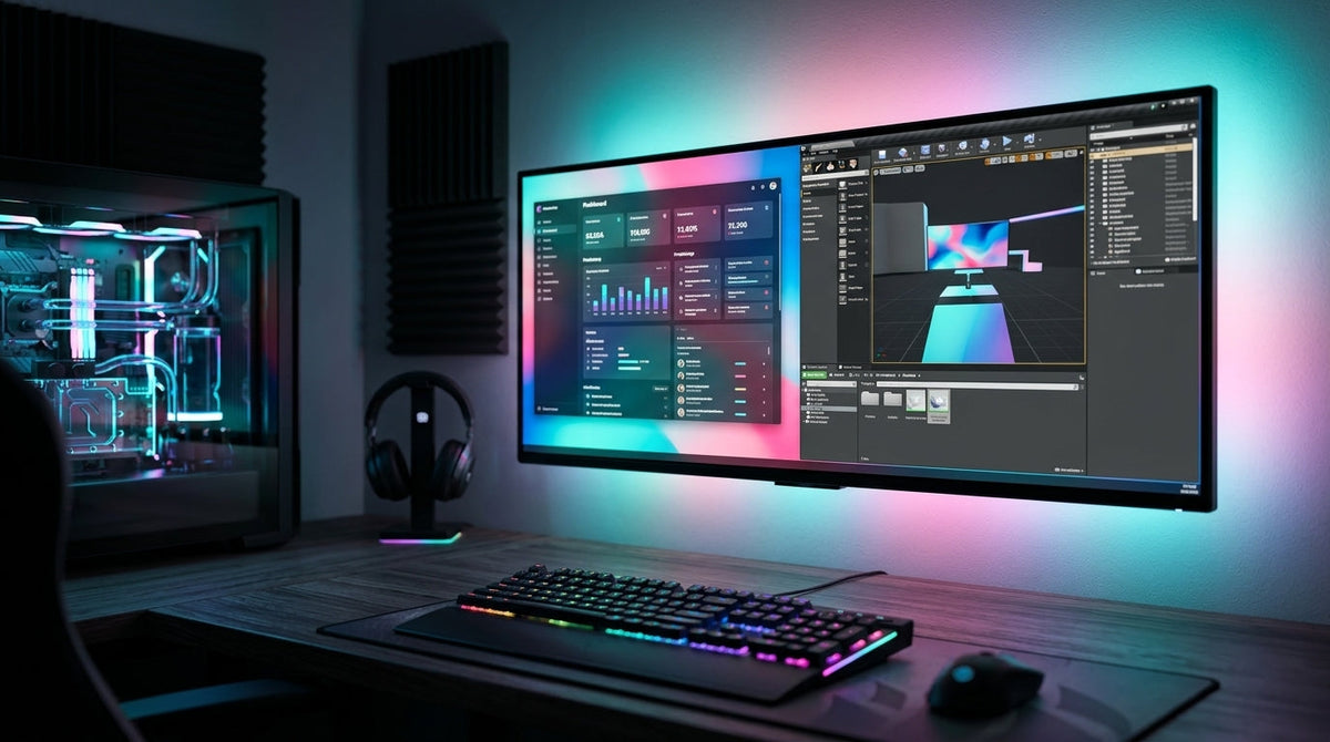 A professional desk setup with a large monitor featuring ambient RGB lighting that syncs with the screen colors, casting a vibrant glow on the back wall.