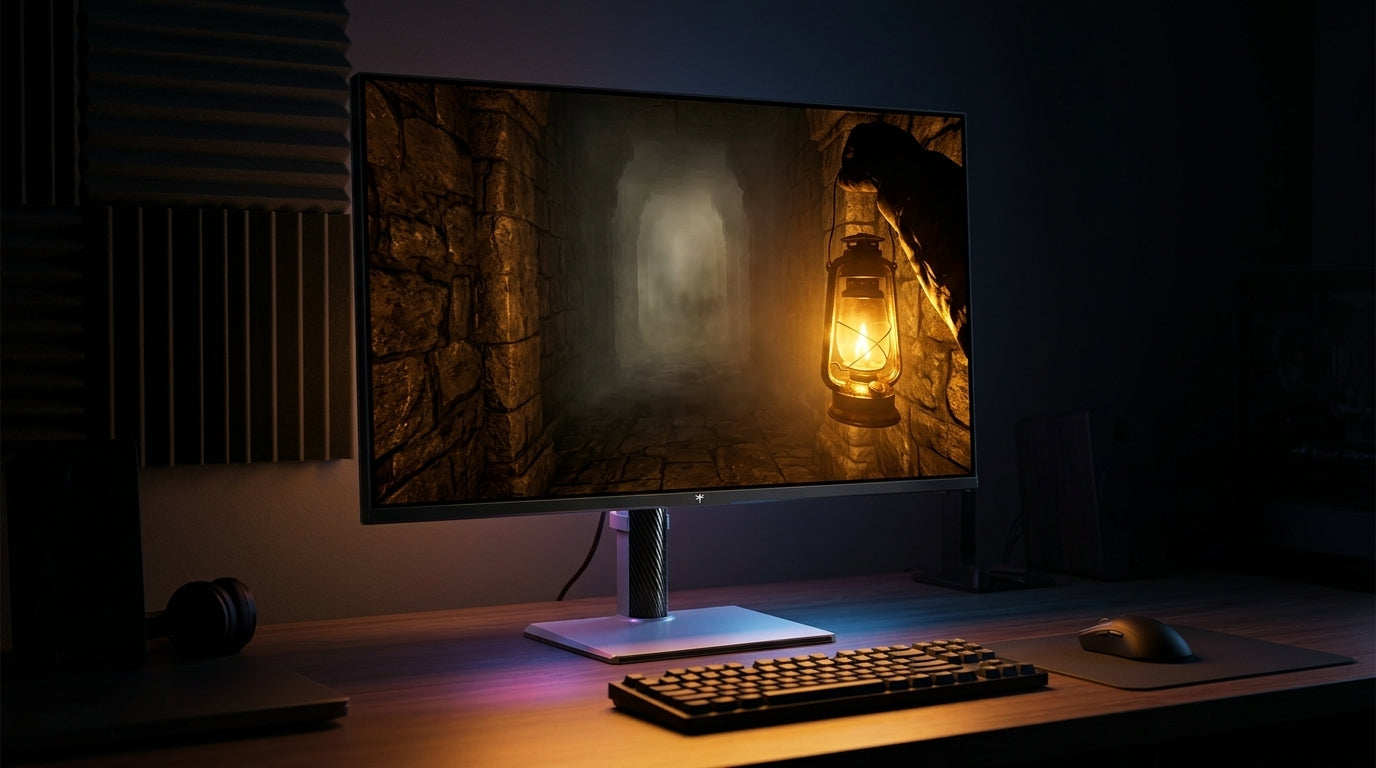 A high-end gaming monitor in a dimly lit room displaying an atmospheric walking simulator scene with a dark corridor, lantern light, and deep shadows.