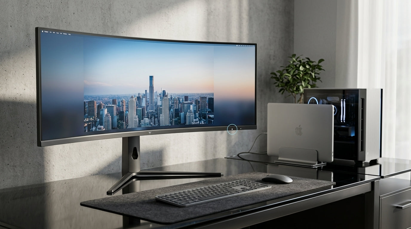 A clean and modern hybrid workstation featuring a 49-inch curved ultrawide monitor, a single keyboard and mouse setup, a Mac laptop, and a PC tower in a professional home office environment.