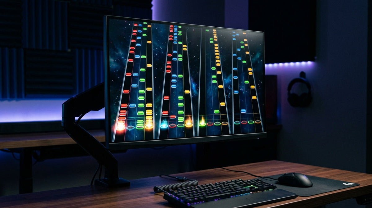 A high-performance gaming monitor in a dark room displaying a fast-paced rhythm game with sharp, clear notes and vibrant colors.