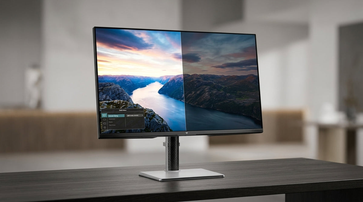 A high-end gaming monitor on a clean, modern desk showing a split-screen comparison of a vibrant, bright HDR scene and a dimmed version, illustrating the effect of auto-dimming features.