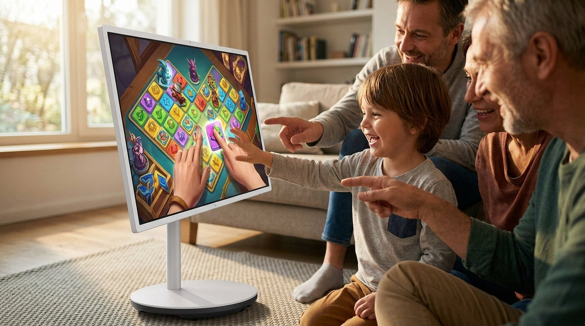 A family playing a digital board game together on a large 32-inch touch-screen monitor in a cozy living room.