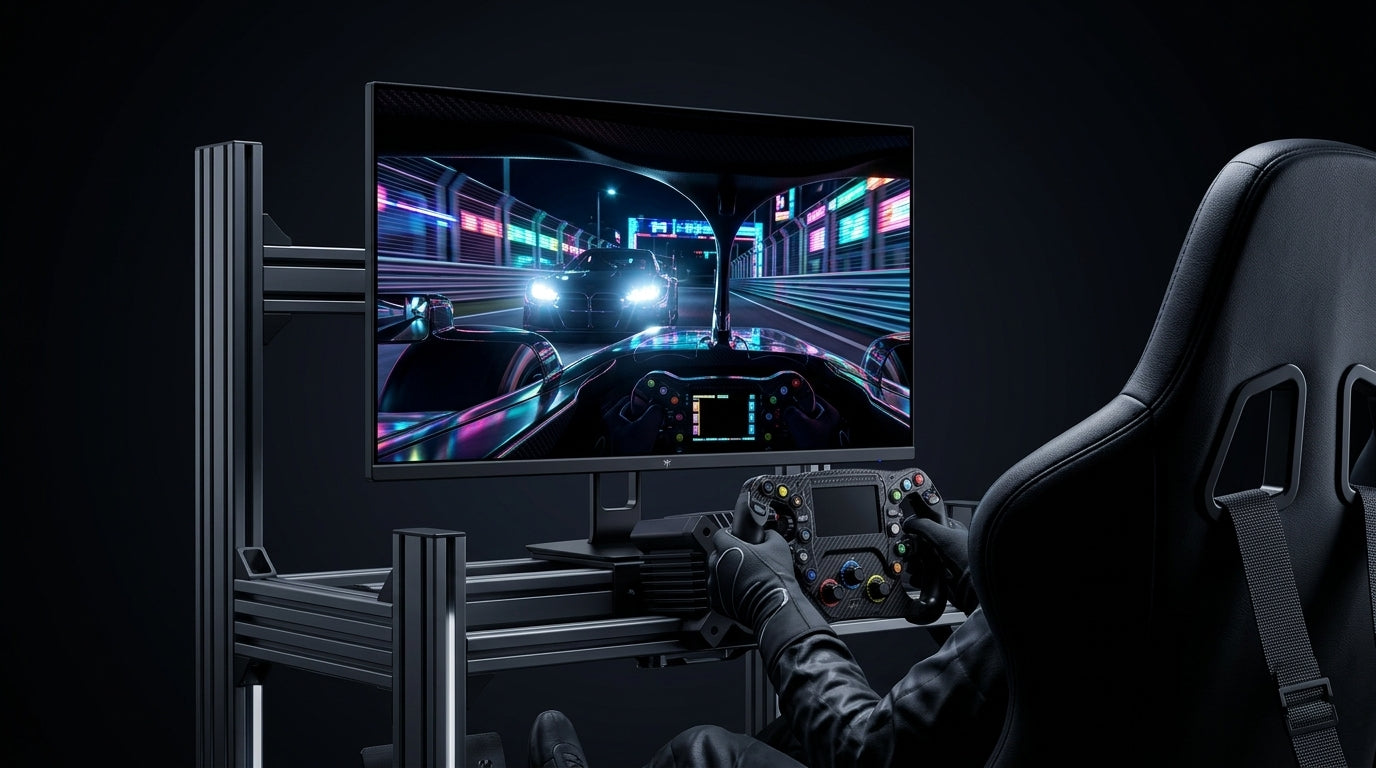 A professional sim racing cockpit with a large curved monitor displaying a high-contrast night racing scene, highlighting deep blacks and vibrant track lights.