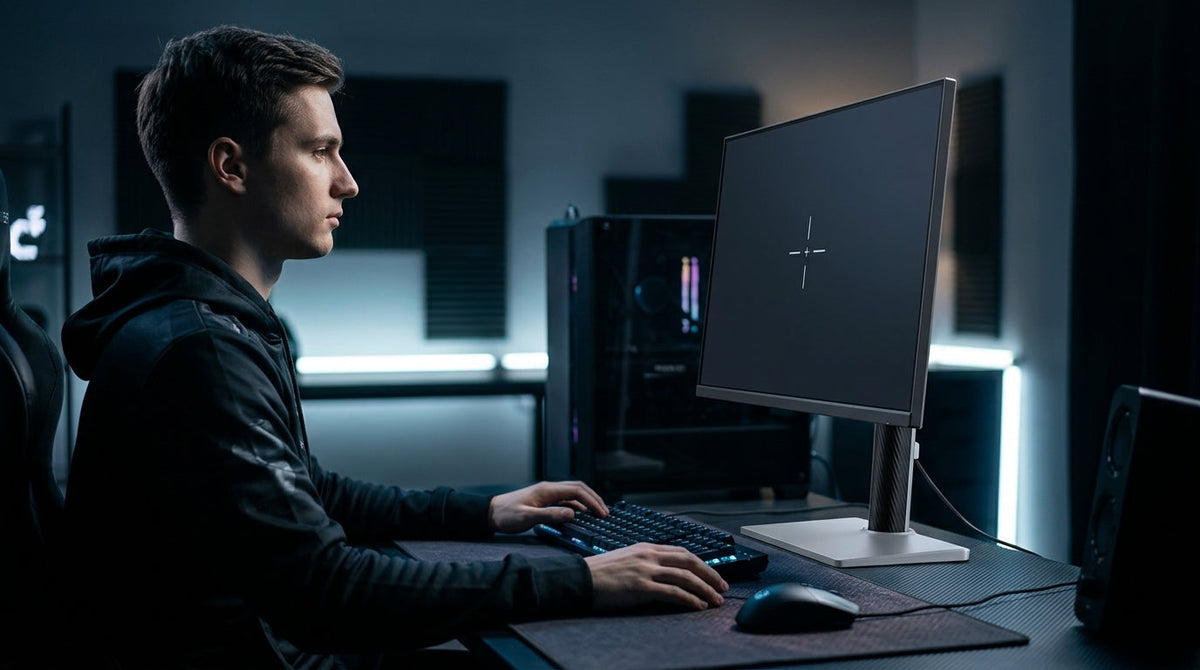 Side view of a gamer with neutral neck posture and a tilted gaming monitor in a dark esports setup.