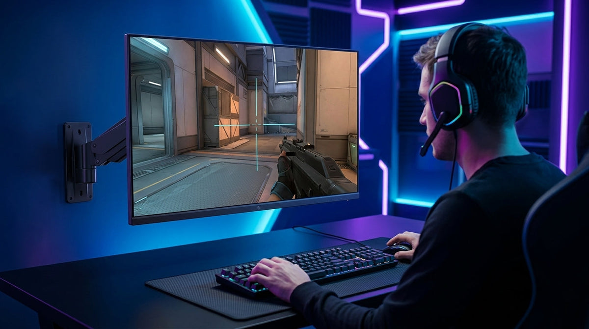 Competitive gamer using a high-PPI monitor with a sharp crosshair in an FPS game.