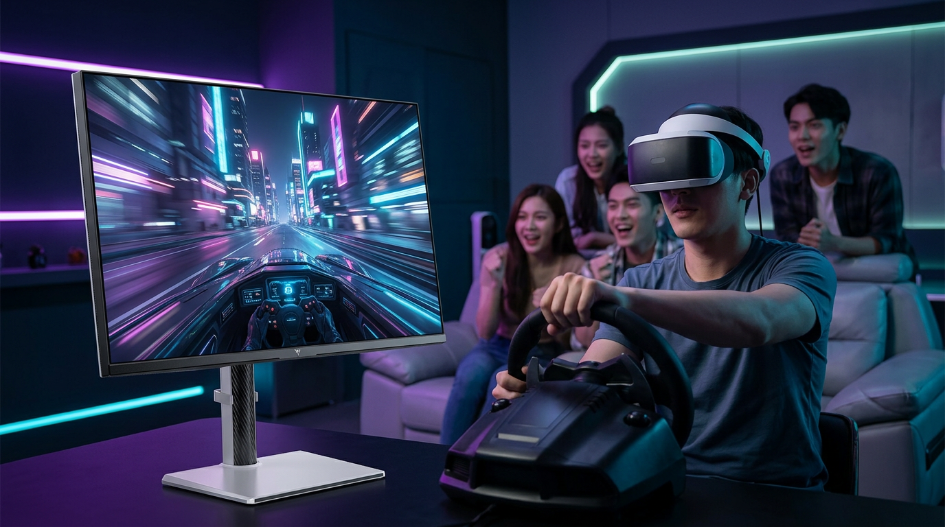 A person wearing a VR headset playing a fast-paced sci-fi game, with a 27-inch 4K gaming monitor mirroring the action in real-time for spectators in a modern gaming room.