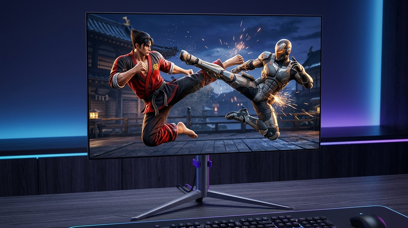 A high-performance gaming monitor displaying a crisp, motion-blur-free fighting game scene with competitive esports aesthetics.