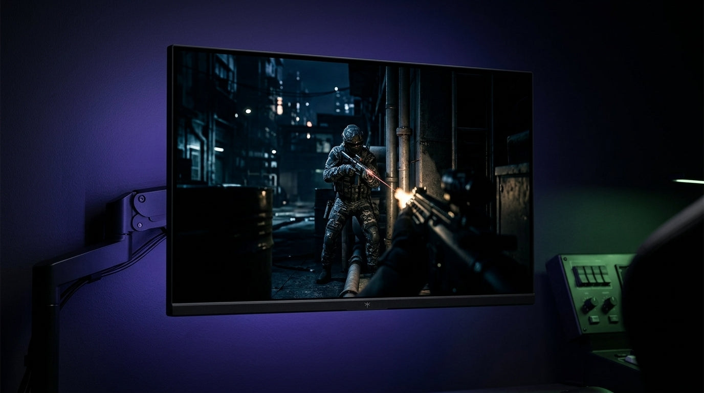 A professional gaming monitor in a dark room showing a dark FPS game scene where an enemy is visible in the shadows.