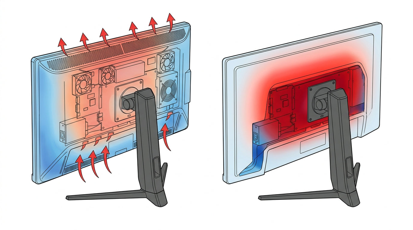Cross-section of monitor thermal management showing vents vs sealed chassis