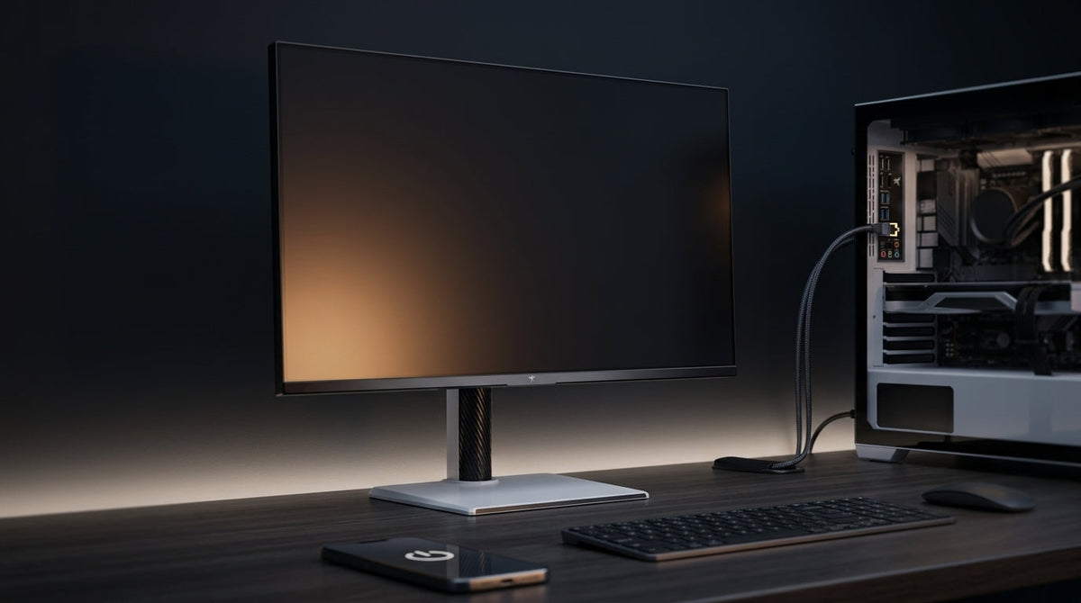 A clean modern home office setup featuring a high-end gaming monitor on a desk, a PC tower with an Ethernet connection, and a smartphone in the foreground initiating a remote wake-up command.