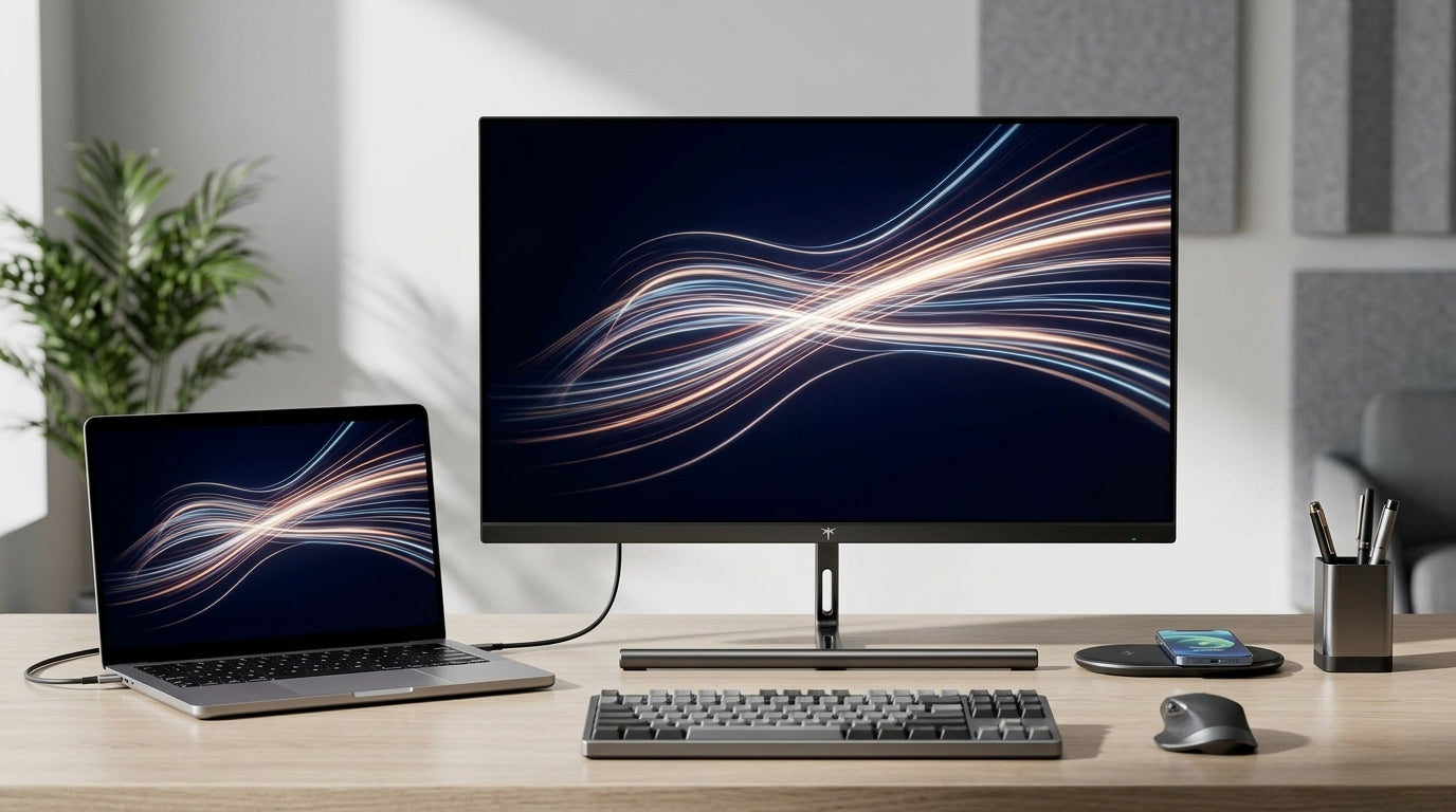 A professional 27-inch monitor on a clean, modern home office desk next to a laptop, showcasing a sharp and vibrant display in a well-lit workspace.