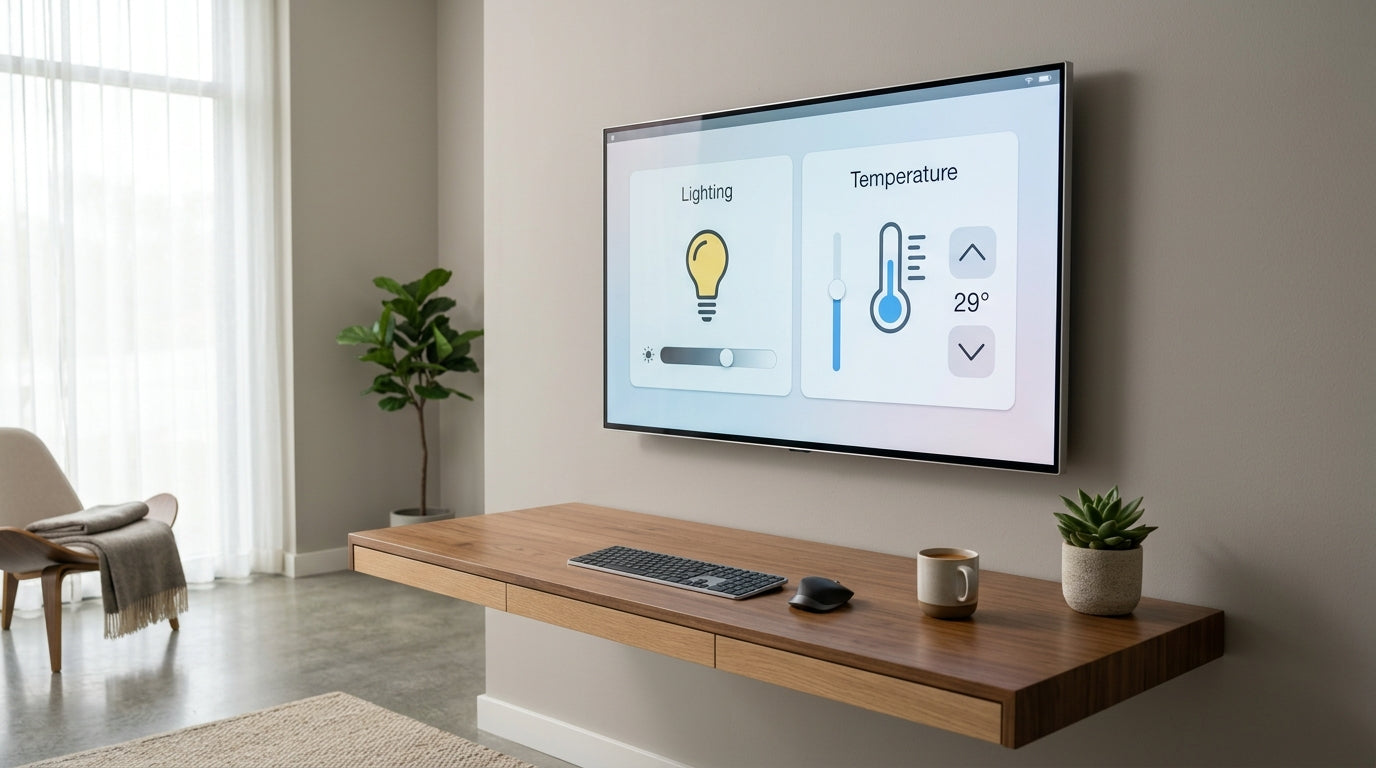 A high-end smart monitor on a modern home office desk displaying a central dashboard for controlling lights, blinds, and climate.