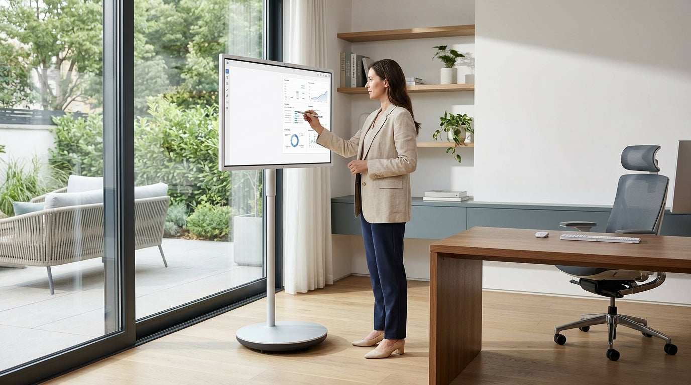 Professional working on a large mobile smart display cart in a modern home office.