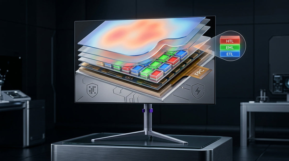 A technical cross-section visualization of an OLED panel showing subpixel layers with a subtle heat map and abstract icons representing pixel-shift technology.