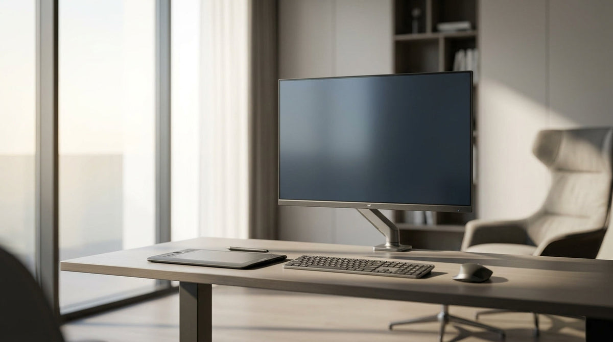 A sleek, high-resolution 5K monitor centered on a clean, modern designer's desk with a professional tablet and keyboard under natural lighting.