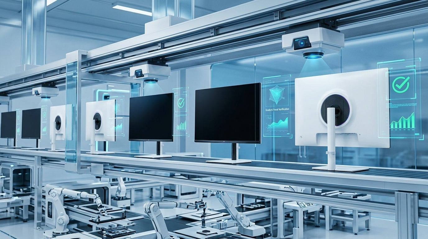 A futuristic and clean monitor assembly line in a 2026 factory where automated AI cameras and sensors perform high-precision quality inspections on display panels.