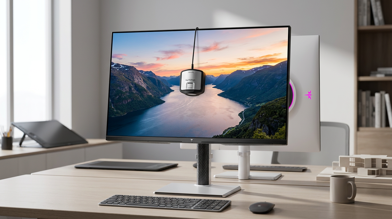 A professional creative workspace featuring a high-end 27-inch Mini-LED monitor on a minimalist desk, equipped with a colorimeter and color calibration tools, with a photographer working in a modern studio.