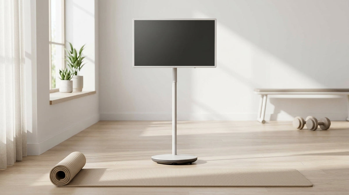 Rolling smart display in a home gym with a yoga mat and HIIT workout space.