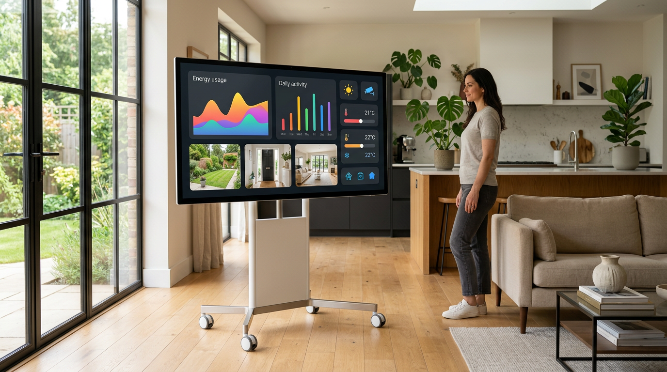 A large 32-inch mobile smart display on a minimalist wheeled stand in a sunlit 2026 modern living room, showing a smart home dashboard with camera feeds and energy graphs.