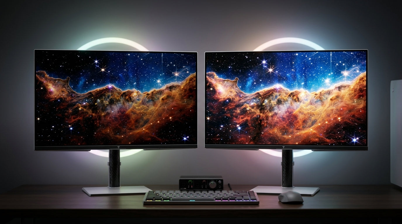 A cinematic side-by-side comparison of two high-end monitors on a futuristic 2026 creator desk, one featuring Tandem OLED with perfect blacks and the other a Mini-LED with extreme peak brightness, displaying a high-contrast HDR space scene.