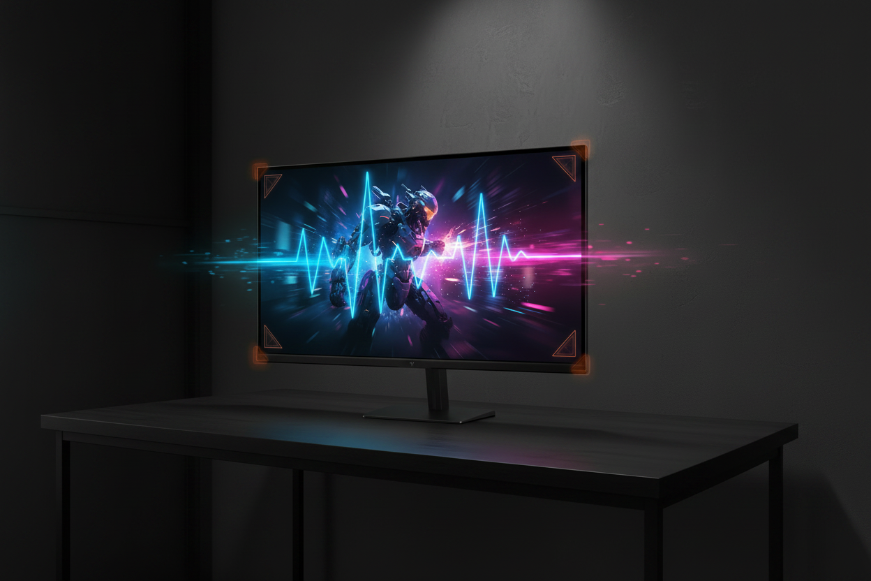 Gaming monitor with glowing frequency waves and subtle caution icons in a dark tech setting.