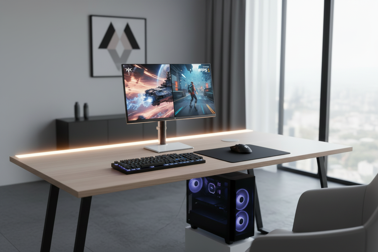 Modern hybrid gaming desk with dual mode monitor showing both 4K immersive and high-refresh competitive game scenes