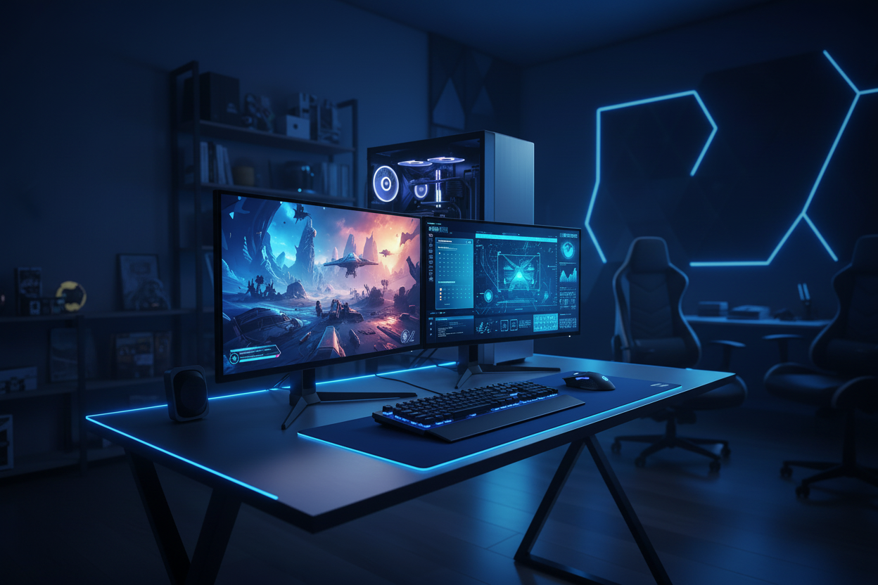 A dramatic high-tech dual-monitor PC setup on a desk featuring a powerful graphics card and vibrant blue neon lighting in a modern gaming room.