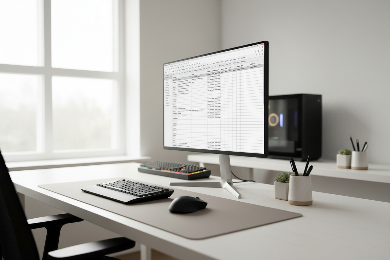 A professional office desk featuring a high-end 27-inch monitor displaying a sharp Excel spreadsheet. The background shows subtle gaming peripherals, creating a hybrid work-and-play atmosphere.
