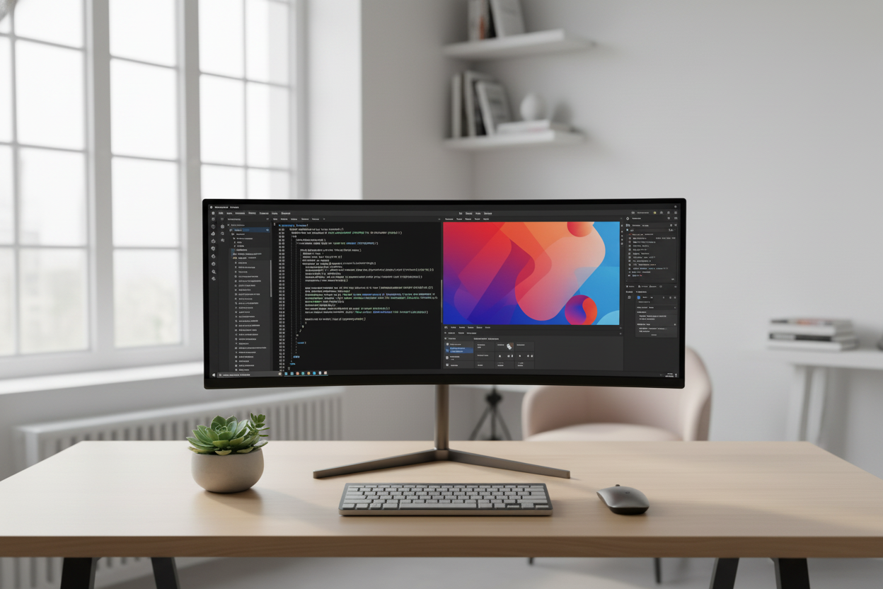 A modern ultrawide monitor on a clean professional desk setup, displaying two distinct computer desktop environments side-by-side in Picture-by-Picture mode.