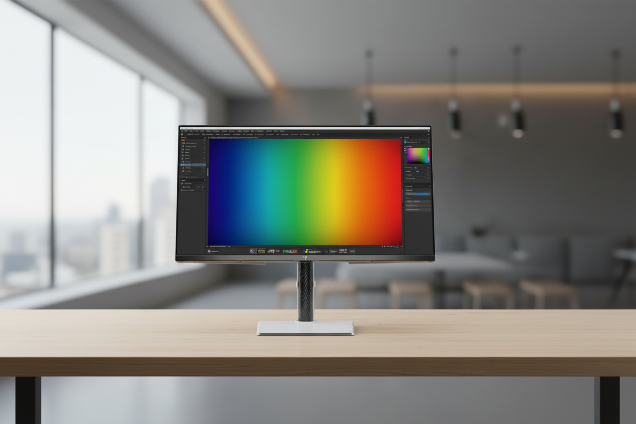 A high-end professional monitor displaying a smooth 10-bit color gradient and editing software in a clean workspace.