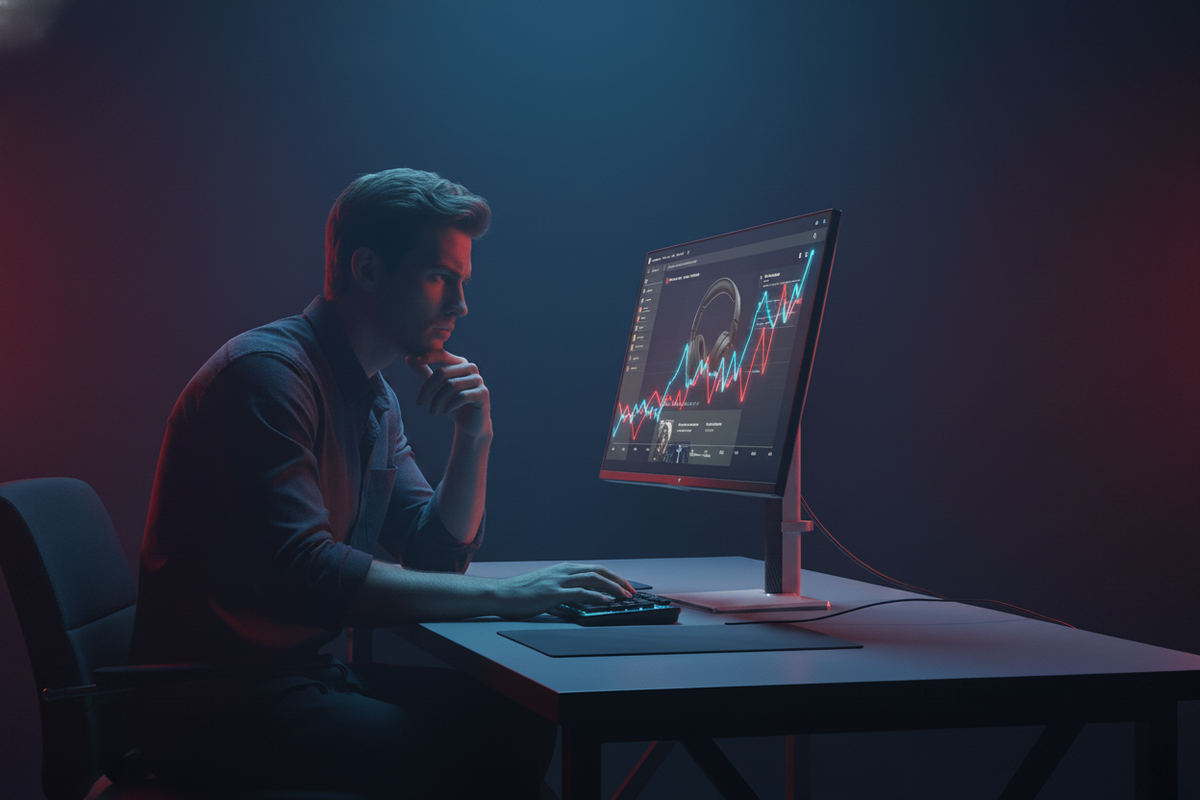 A person looking skeptically at a computer monitor showing a shopping deal with a price history graph overlay.