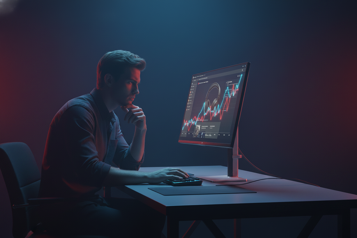 A person looking skeptically at a computer monitor showing a shopping deal with a price history graph overlay.