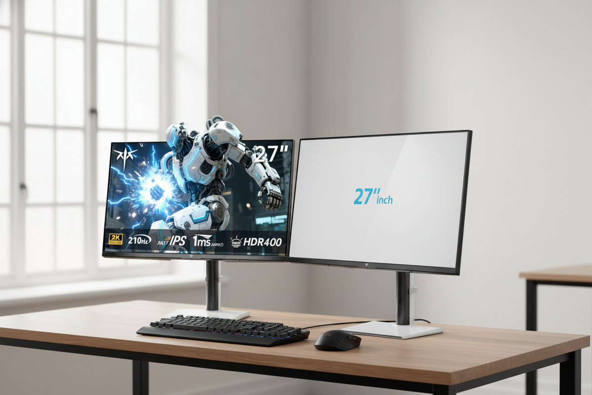 A professional dual-monitor workstation featuring two monitors with ultra-thin bezels on a clean desk with a keyboard and mouse.