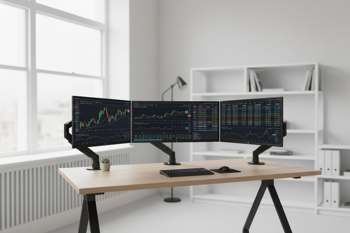 A professional day trading workstation in a modern home office featuring four high-resolution monitors arranged in a multi-display setup, showing detailed financial charts and candlestick graphs.