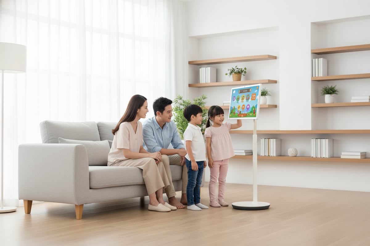A family in a bright, modern living room where two young children are interacting with a 27-inch rolling touch screen monitor while their parents supervise with smiles.