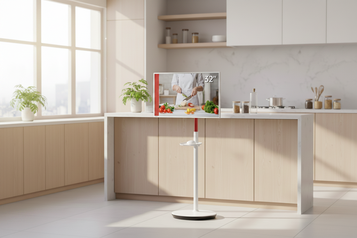 Large smart touch monitor on a portable stand in a modern kitchen