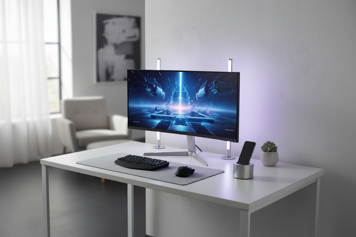 A high-performance gaming monitor on a clean, modern desk setup, representing a factory-direct purchase.