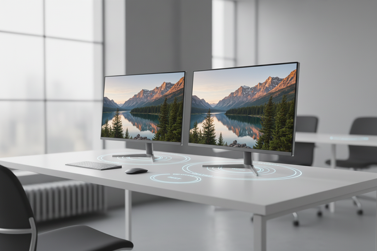 A side-by-side comparison of 1440p and 4K resolution clarity on two monitors in a modern workspace.