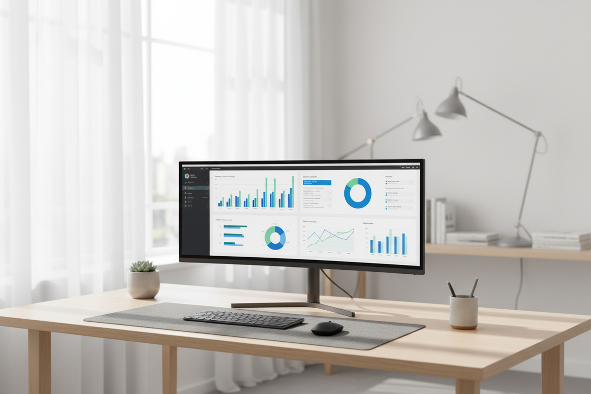A modern high-resolution monitor on a clean office desk in a bright home office, displaying productivity tools.